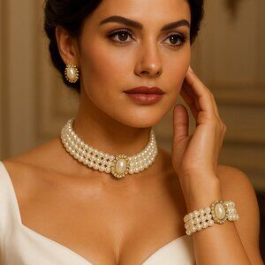 Brand New Pearl choker necklace earrings Bracelet Jewelry Set, Wedding Jewelry